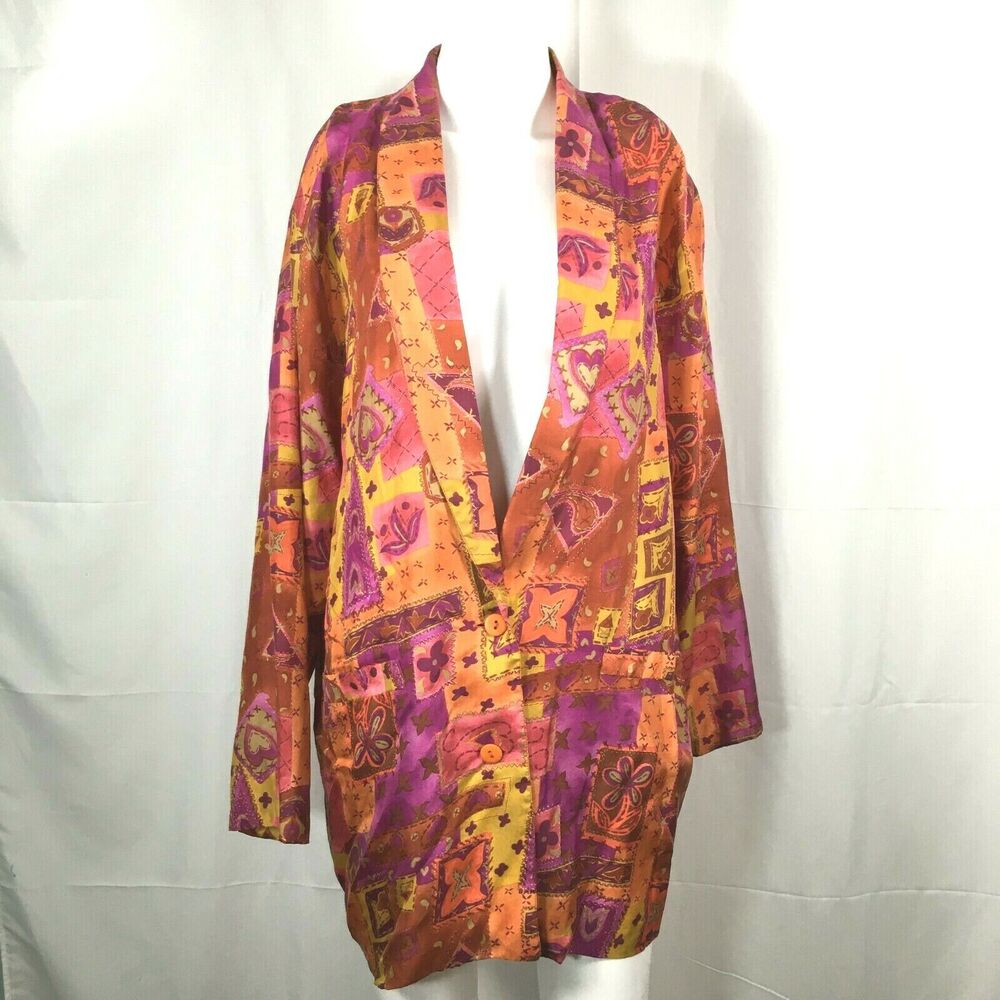 Restless Clothiers jacket Womens Sz L Orange‎ Floral Silk Lightweight Blazer